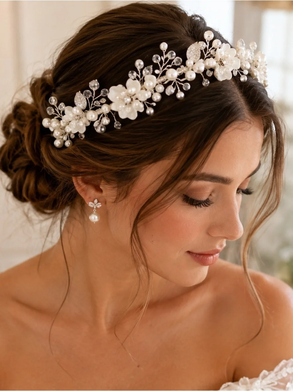 NIB Bridal Pearl Crystal Floral Headband Wedding Hair Crown Tiara White Silver